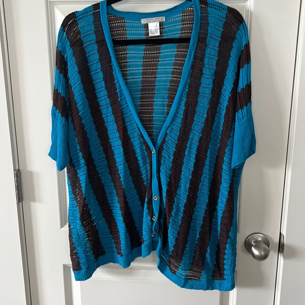 Albert Makali cardigan sweater. L brown and aqua strips.